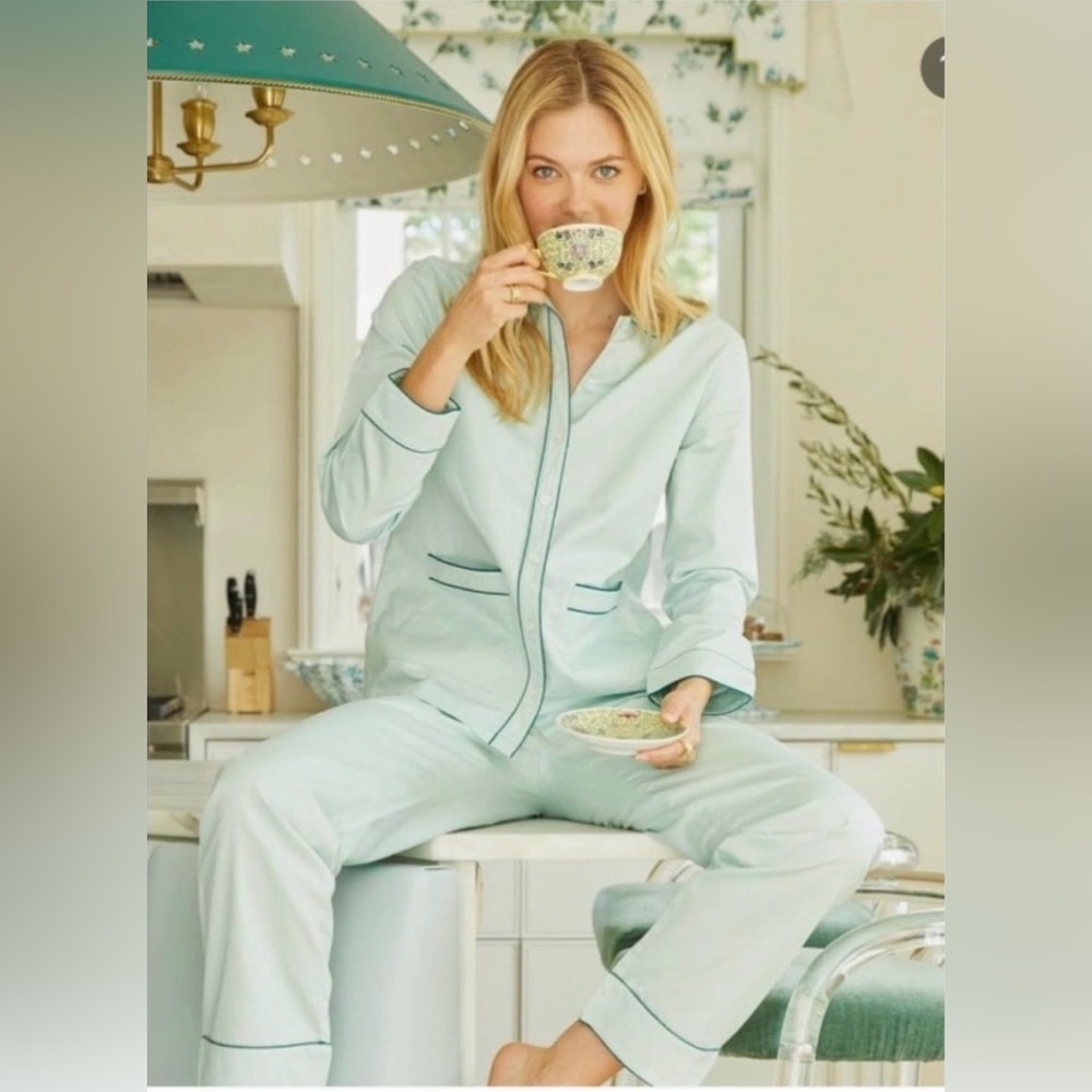 Lake Pajamas Women's Poplin Pajama Set - Light Mint with Contrast Piping